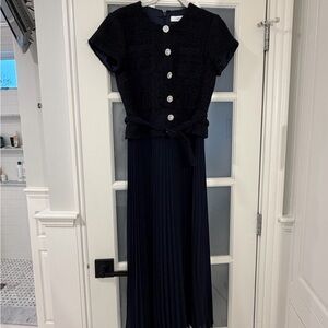 Likely Pamela Mixed Media pleated Navy Dress with Back Zip